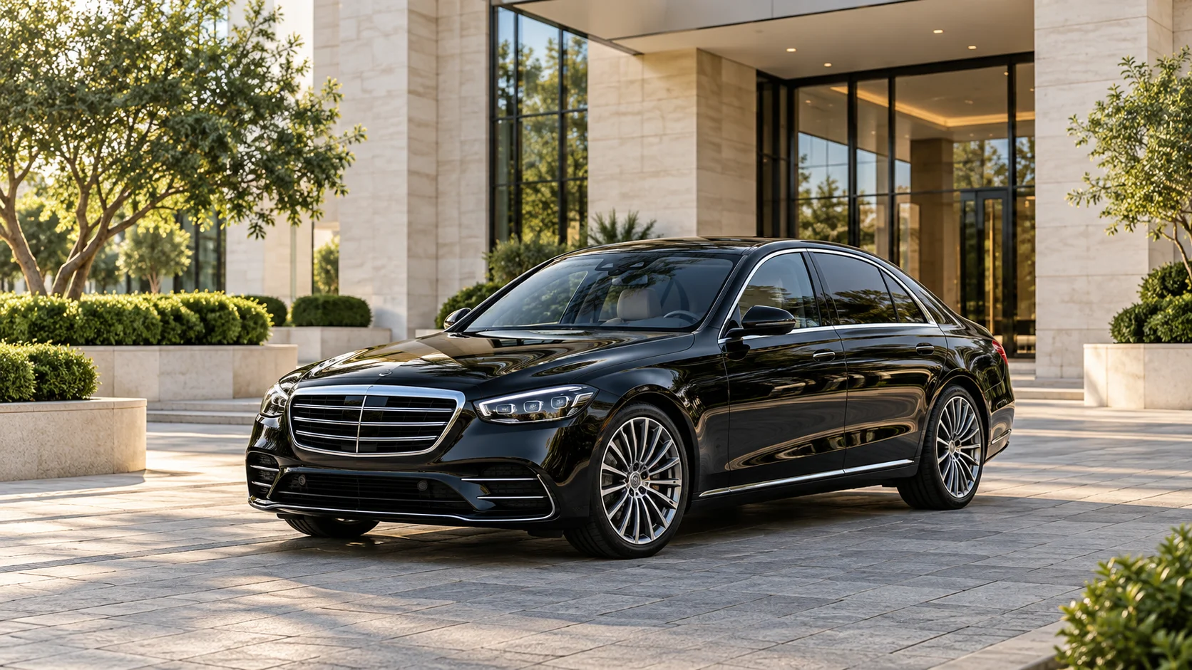 Black executive sedan outside a modern hotel